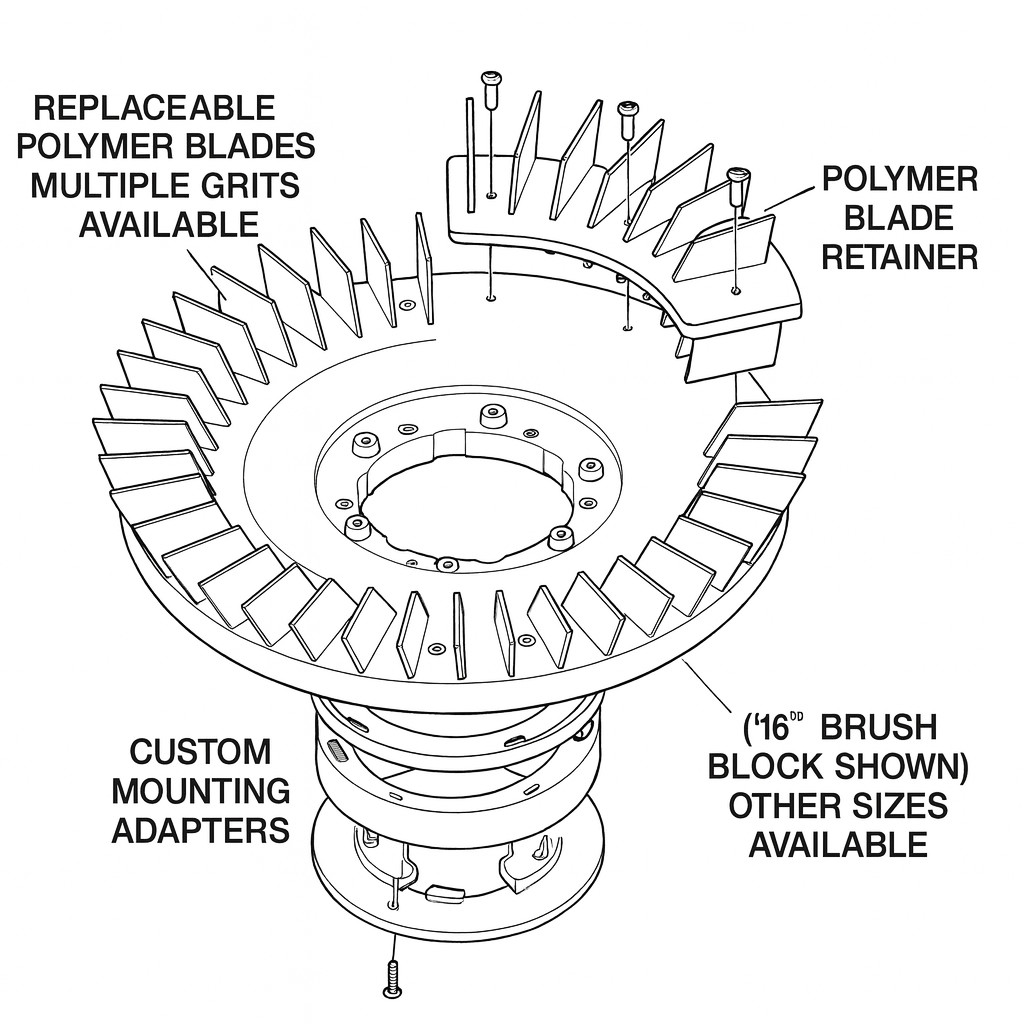Diamabrush product technical diagram showing replaceable polymer blades, blade retainer, and custom mounting adapters
